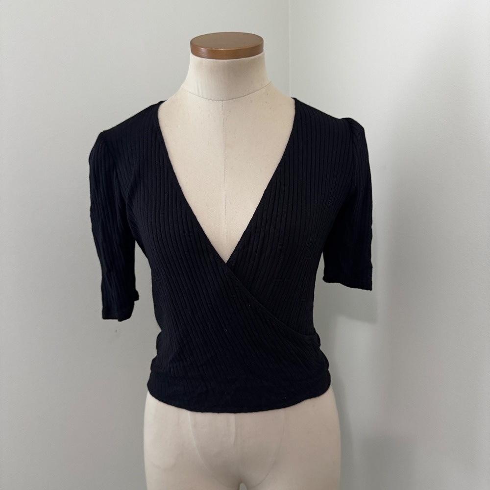 Reformation Jeans Medium Black Ribbed Wrap Top Short Sleeve Minimalist Capsule